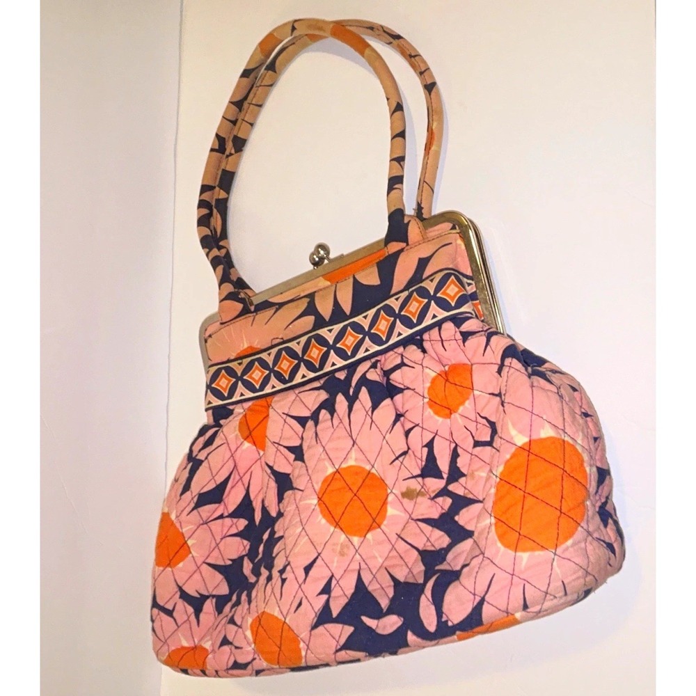 Vera Bradley Quilted Floral Kiss Lock Frame Handbag Pink Orange Blue Pockets